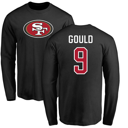 Men San Francisco 49ers Black Robbie Gould Name and Number Logo #9 Long Sleeve NFL T Shirt